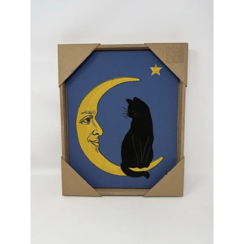 BP HOME Woven Artistry Black Cat on the Moon Embroidered Wall Art 15